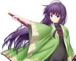  7th_dragon big_wednesday blue_eyes japanese_clothes katana long_hair navel purple_hair samurai_(7th_dragon) sword weapon 