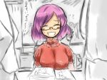  comiket glasses manga manga_(object) purple_hair short_hair sketch tetsuji touhou translated yasaka_kanako 