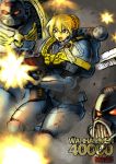  armor battlefield blonde_hair blue_eyes bolter braid butcherboy crossover fate/stay_night fate_(series) gun hair_bun helmet heresy mask open_mouth parody purity_seal red_eyes rifle saber smoke space_marine space_marines warhammer warhammer_40k weapon 