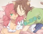  animal_ears arch_(artist) bed_sheet breasts brown_hair cat_ears cleavage closed_eyes feldt_grace green_eyes gundam gundam_00 hug lockon_stratos paws pink_hair plum_(arch) sheets 