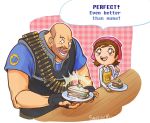  1boy 1girl :d apron bald bandolier carolina_moya cooking_mama crossover english fingerless_gloves food gloves male mama_(cooking_mama) open_mouth parody plate sandwich smile taito team_fortress_2 the_heavy valve_(company) 