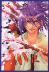  cherry_blossoms dark_mousy dnangel highres jacket male niwa_daisuke official_art purple_hair red_eyes red_hair scan solo sugisaki_yukiru yukiru_sugisaki 