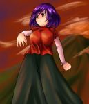 clouds large_breasts long_skirt mountain purple_hair red_eyes short_hair skirt tetsuji touhou yasaka_kanako