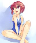  bare_shoulders barefoot breast_squeeze breasts mikage_sekizai open_mouth red_eyes redhead short_hair sitting swimsuit 