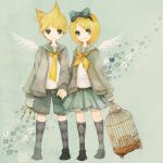  bad_id blonde_hair blue_eyes brother_and_sister cage hair_ornament hairclip hand_holding holding_hands kagamine_len kagamine_rin key necktie pechika ribbon short_hair shorts siblings skirt twins vocaloid wings 