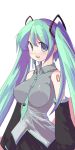  aqua_hair blue_hair breasts detached_sleeves erect_nipples hatsune_miku highres impossible_clothes impossible_shirt large_breasts long_hair necktie saiste shirt solo twintails vocaloid 