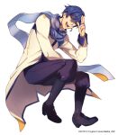  1boy blue_eyes blue_hair blue_pants blue_scarf boots character_name coat commentary english_commentary full_body hand_up headset highres kaito kaito_(vocaloid3) looking_at_viewer male_focus open_mouth pants salute scarf see-through smile solo vocaloid white_background white_coat yen-mi 
