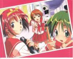  green_hair highres kamigishi_akari multi nagaoka_shiho pink_hair red_hair redhead ribbon robot_ears scan school_uniform to_heart 