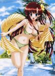  beach bikini blue_eyes brown_hair flower hair_flower hair_ornament hair_ribbon leaning_forward long_hair mario_kaneda on_one_foot open_mouth ribbon side_ponytail smile solo striped striped_bikini striped_swimsuit swimsuit 