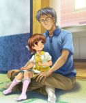  book brown_eyes brown_hair clannad closed_eyes crossed_legs dress feet glasses grandfather_and_granddaughter indian_style lap_chair lap_sitting moonknives mutsuki_(moonknives) okazaki_naoyuki okazaki_ushio senior short_hair silver_hair sitting sitting_on_lap sitting_on_person socks 