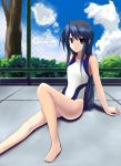  asakura_ryou_(artist) barefoot blue_eyes blue_hair chainlink_fence competition_swimsuit feet fence flat_chest long_hair one-piece_swimsuit original sitting solo swimsuit 