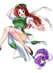  blue_eyes braid china_dress chinadress chinese_clothes hat hong_meiling kiku_hitomoji legs long_hair multiple_girls patchouli_knowledge purple_eyes purple_hair red_hair redhead toru_tooru touhou twin_braids violet_eyes 