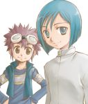  blue_hair brown_eyes brown_hair digimon digimon_adventure_02 goggles ichijouji_ken male motomiya_daisuke nerune nurunu short_hair 