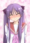  closed_eyes happy head_tilt hiiragi_kagami long_hair lucky_star nakki purple_hair ribbon school_uniform serafuku smile twintails 