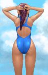  ass back competition_swimsuit from_behind long_hair one-piece_swimsuit ponytail purple_hair redhead swimsuit tying 