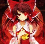  bow brown_hair detached_sleeves glowing glowing_eye glowing_eyes hair_bow hakurei_reimu hand_on_own_chest highres japanese_clothes miko red_eyes ribbon scarlet_(studioscr) touhou 