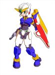  beam_rifle crossover green_eyes gundam gundam_girl gundam_wing mecha_musume rockman rockman_zx shield simple_background spandex vest wing_gundam 