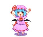  akira_(natsumemo) arms_up ascot bad_id bat_wings blue_hair chibi fang hat looking_at_viewer lowres open_mouth outstretched_arms red_eyes remilia_scarlet short_hair tino0618 touhou wings 
