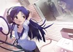  blue_hair brown_eyes hands_on_headphones headphones headphones_removed idolmaster kisaragi_chihaya looking_back misagi_nagu recording_studio reflection solo studio_microphone 