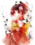  blush cow flower japanese_clothes kimono red_eyes red_hair redhead shimeko smile 