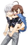  ahoge barefoot carrying child feet last_order nakajima_yuka piggyback shirt soles striped striped_shirt to_aru_majutsu_no_index toes 