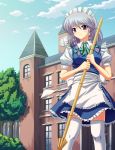  bad_id bamboo_broom braid broom izayoi_sakuya maid purple_eyes scarlet_devil_mansion short_hair silver_hair smile standing thigh-highs thighhighs touhou twin_braids white_legwear white_thighhighs zettai_ryouiki 