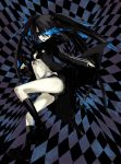 black_hair black_rock_shooter black_rock_shooter_(character) checkerboard checkered glowing glowing_eyes midriff scar shorts solo twintails 