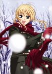  blonde_hair fate/stay_night fate_(series) forest gloves green_eyes hair_ribbon highres nakajima_atsuko nature open_mouth ribbon saber scarf smile snow winter 