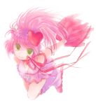  amulet_heart armband bad_id cheerleader efu hair_up heart highres hinamori_amu kneehighs loose_socks magical_girl pink_hair pom_poms ribbon shugo_chara! skirt socks solo visor visor_cap yellow_eyes 