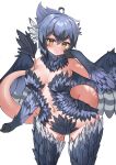  1girl absurdres ahoge bangs bare_shoulders blush commentary commission eyebrows_visible_through_hair eyeshadow facial_mark feathered_wings grey_feathers grey_hair grey_wings hair_between_eyes harpy highres makeup medium_hair monster_girl navel neck_ruff original pocari_(sq551) simple_background solo tail tail_feathers white_background wings yellow_eyes 
