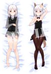  1girl animal_ears armpits arms_up barefoot bed_sheet blush bow bowtie brave_witches brown_eyes bunnysuit dakimakura detached_collar edytha_rossmann fox_ears fox_tail from_above leotard looking_at_viewer lying medal military military_uniform multiple_views okina_ika on_back panties sample short_hair silver_hair strike_witches tail underwear uniform world_witches_series wrist_cuffs 