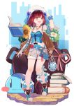  1girl :d atelier_(series) atelier_firis atelier_sophie backpack bag blue_shirt book bow brown_hair flower full_body gloves hat highres jewelry looking_to_the_side necklace open_mouth partly_fingerless_gloves pink_bow puni_(atelier) ryuuno6 shiny shiny_skin shirt shoes short_hair shorts smile solo sophie_neuenmuller star star-shaped_pupils striped symbol-shaped_pupils vertical_stripes white_hat wrist_cuffs yellow_eyes 