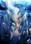  1girl bangs blue_hair bubble closed_eyes commentary crying fate/grand_order fate_(series) hair_between_eyes hands_on_own_chest haribote japanese_clothes kimono kiyohime_(fate/grand_order) long_hair mermaid monster_girl own_hands_together solo submerged tears underwater upside-down water_surface 