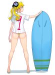  1girl 9 ass blonde_hair blue_eyes from_behind hair_ornament highres legs long_hair looking_back masao number original shiny shiny_skin shoes surfboard swimsuit twintails wedgie white_background 