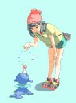  1girl amamimaru bag beanie bent_over black_hair blue_background brown_eyes female_protagonist_(pokemon_sm) green_shorts hat highres messenger_bag pokemon pokemon_(creature) pokemon_(game) pokemon_sm popping popplio shirt shoes short_hair shorts shoulder_bag simple_background smile sneakers t-shirt tied_shirt 