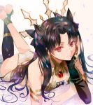 1girl astarone asymmetrical_gloves asymmetrical_legwear black_hair breasts fate/grand_order fate_(series) gloves ishtar_(fate/grand_order) long_hair looking_at_viewer lying on_stomach panties red_eyes small_breasts smile solo tohsaka_rin twintails
