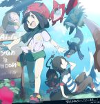  1boy 1girl alolan_exeggutor baseball_cap beanie black_hair capri_pants copyright_name dated exeggutor female_protagonist_(pokemon_sm) flower grey_eyes hat hat_removed headwear_removed jumping litten_(pokemon) male_protagonist_(pokemon_sm) oira-1103 palm_tree pants pokedex pokemon pokemon_(creature) pokemon_(game) pokemon_sm popplio rotom rowlet shirt shoes short_hair sleeping smile sneakers striped striped_shirt t-shirt tied_shirt tree walking 