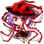  1girl arm_up ascot black_hat black_shoes black_skirt blush_stickers bow capelet chibi frilled_skirt frills full_body hair_between_eyes hat hat_bow hat_ribbon long_sleeves looking_at_viewer lowres nagae_iku purple_hair red_bow red_eyes red_ribbon ribbon shawl shinobu_shinobu shirt shoes short_hair simple_background skirt smile socks solo touhou white_background white_legwear white_shirt 