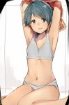  1girl armpits blue_eyes blue_hair blush bra flat_chest grey_bra grey_panties isshiki_(ffmania7) kantai_collection mogami_(kantai_collection) navel panties short_hair sitting solo sports_bra underwear undressing wariza 