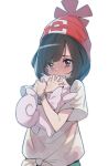  1girl beanie black_eyes black_hair clefairy crying female_protagonist_(pokemon_sm) hat highres hug pokemon pokemon_(game) pokemon_sm red_hat shirt short_hair simple_background solo spoilers stuffed_toy supernew tears tied_shirt white_background z-ring 