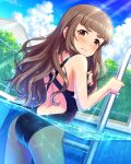  1girl ass bangs blunt_bangs blush breast_hold brown_hair eyebrows fence frown idolmaster idolmaster_cinderella_girls kamiya_nao long_hair official_art one-piece_swimsuit partially_submerged pool pool_ladder red_eyes solo swimsuit 