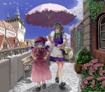  2girls apron ascot basket bat_wings bench bird blue_hair blue_sky bobby_socks bottle braid brooch city cobblestone day flower full_body hands_on_hips hat hat_ribbon izayoi_sakuya jewelry loafers looking_at_another looking_at_viewer looking_down maid_headdress mob_cap multiple_girls outdoors parasol pink_rose plant potted_plant puffy_short_sleeves puffy_sleeves railing remilia_scarlet ribbon rose sash shadow shoes short_hair short_sleeves sign silver_hair skirt skirt_set sky smile socks tandori_tsubasa touhou twin_braids umbrella waist_apron walking wine_bottle wings wrist_cuffs yellow_eyes 