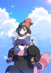  1girl akira_(natsumemo) beanie bewear black_hair blue_eyes blue_sky clouds cloudy_sky female_protagonist_(pokemon_sm) hat lens_flare pokemon pokemon_(creature) pokemon_(game) pokemon_sm red_shoes riding shoes short_hair sky solo sun z-ring 