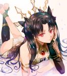  1girl ass astarone asymmetrical_gloves asymmetrical_legwear bare_shoulders black_hair breasts fate/grand_order fate_(series) gloves ishtar_(fate/grand_order) long_hair looking_at_viewer lying on_stomach red_eyes small_breasts smile solo tohsaka_rin twintails 