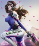  1girl alternate_breast_size backlighting bangs bodysuit breasts brown_eyes brown_hair charm_(object) cherry_blossoms clothes_writing cowboy_shot d.va_(overwatch) facepaint facial_mark finger_on_trigger gloves grey_sky gun handgun headphones high_collar highres holding holding_gun holding_weapon large_breasts lips long_hair long_sleeves looking_at_viewer looking_to_the_side mountain nose one_leg_raised open_mouth outdoors overwatch petals pilot_suit pistol pose rondeu shoulder_pads skin_tight solo swept_bangs tree weapon whisker_markings white_gloves wind 