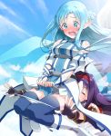  2girls ^_^ ahoge asuna_(sao) asuna_(sao-alo) blue_eyes blue_hair blue_legwear blue_sky blush boots closed_eyes clouds embarrassed female fingerless_gloves flying gloves long_hair multiple_girls nigiriushi open_mouth panties pointy_ears purple_hair shy sky sword_art_online tears thigh-highs underwear wings yuri yuuki_(sao) 