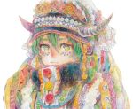  androgynous buttons closed_mouth coin_(ornament) facepaint flower fur_trim gem green_hair hair_between_eyes headdress horns lace looking_at_viewer midoritaitu original pom_pom_(clothes) red_rose rose simple_background solo traditional_clothes traditional_media turtleneck upper_body watercolor_(medium) white_background yellow_eyes yellow_rose 