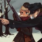  1boy 1girl assault_rifle bare_tree blonde_hair blue_eyes blush breath coat commentary garrison_cap gloves gun hat military military_uniform open_mouth original pointing pointy_ears profile rifle scarf serious snow soldier stg44 suo_(sndrta2n) tree uniform weapon 