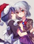  &gt;3&lt; blue_hair doremy_sweet grey_background hat heart hug jacket kishin_sagume nightcap orange_eyes pom_pom_(clothes) short_hair silver_hair touhou wings yuri 