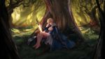  1girl ahoge barefoot blonde_hair blouse dress excalibur fate/stay_night fate_(series) forest glowing glowing_sword glowing_weapon green_eyes highres mao_mao_wansui nature outdoors saber solo sword tree weapon 